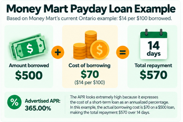 Money Mart payday loan cost example for a $500 loan