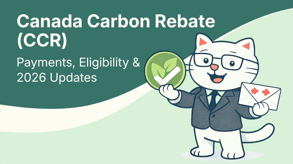 Flat vector illustration of cat learning about Canada's Carbon Rebate.