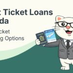 Flat vector illustration of cat holding a loan for flight tickets in Canada.