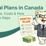 Flat vector illustration of cat holding a dental plan in Canada.