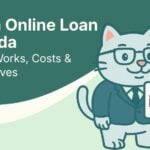 Flat vector illustration of cat holding iCash online loans Canada sign.