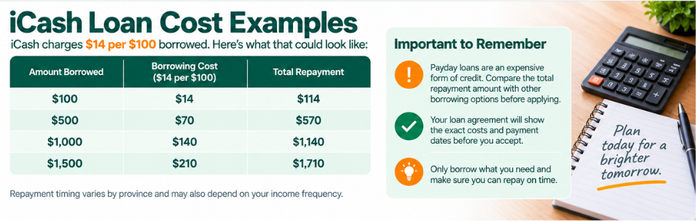 iCash loan cost examples based on $14 per $100 borrowed