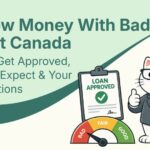 Flat vector illustration of cat with coin and bad credit gauge in Canada.