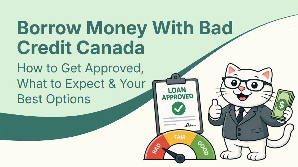 Flat vector illustration of cat with coin and bad credit gauge in Canada.