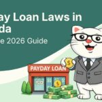 Flat vector illustration of cat learning about payday loan laws in Canada.