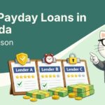 Flat vector illustration of cat comparing top payday lenders in Canada.