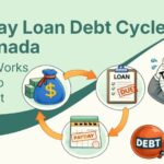Flat vector illustration of cat in a payday loan debt cycle in Canada.