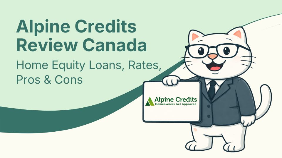 Cat holding a sign with Alpine Credit logo.