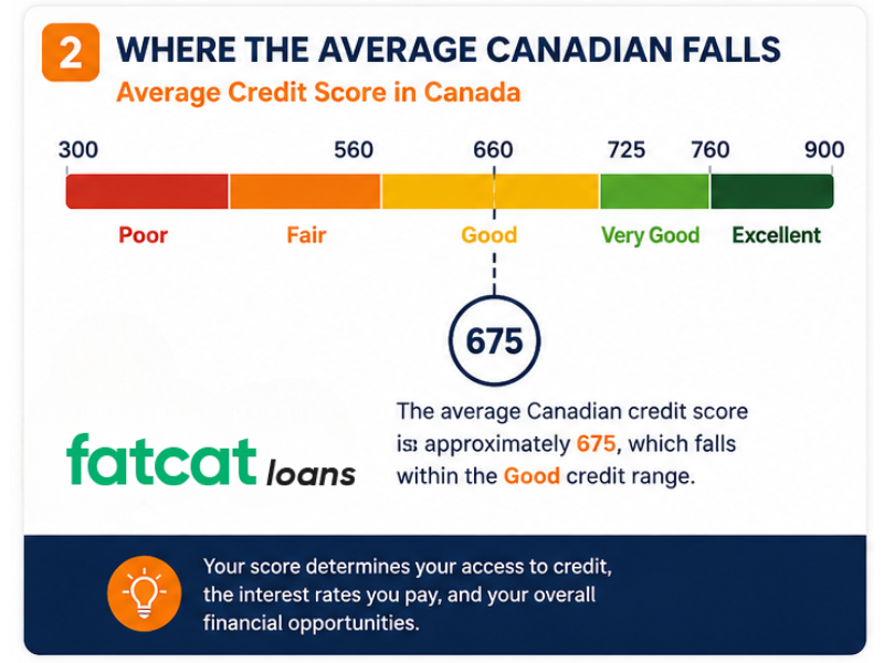 Average Canadian credit score compared to Canadian credit score ranges.