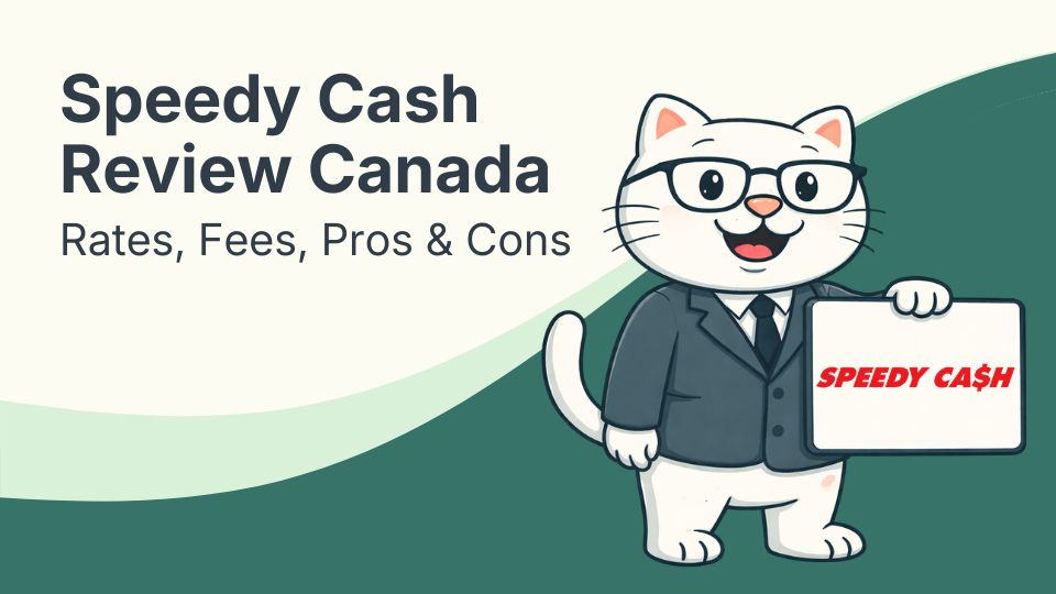 Cat holding a sign with Speedy Cash logo.