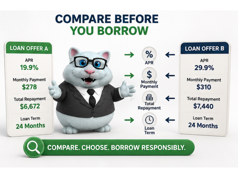 Cat comparing two personal loan offers before applying