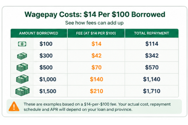 Wagepay borrowing cost examples at $14 per $100